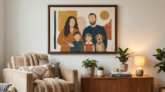 A framed custom family portrait on a living room wall