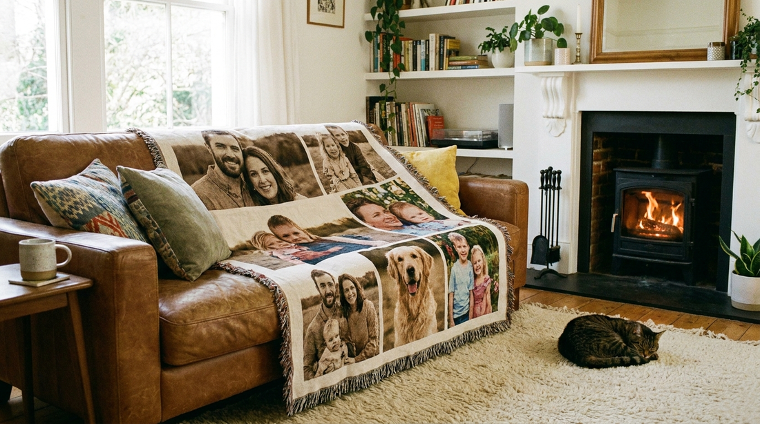 A cozy personalized family photo blanket draped over a couch