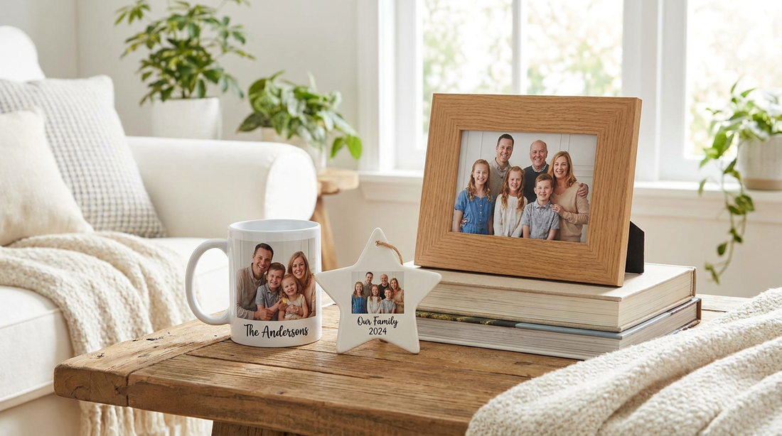 An assortment of personalized family gifts, a photo mug, ornament and frame on a table