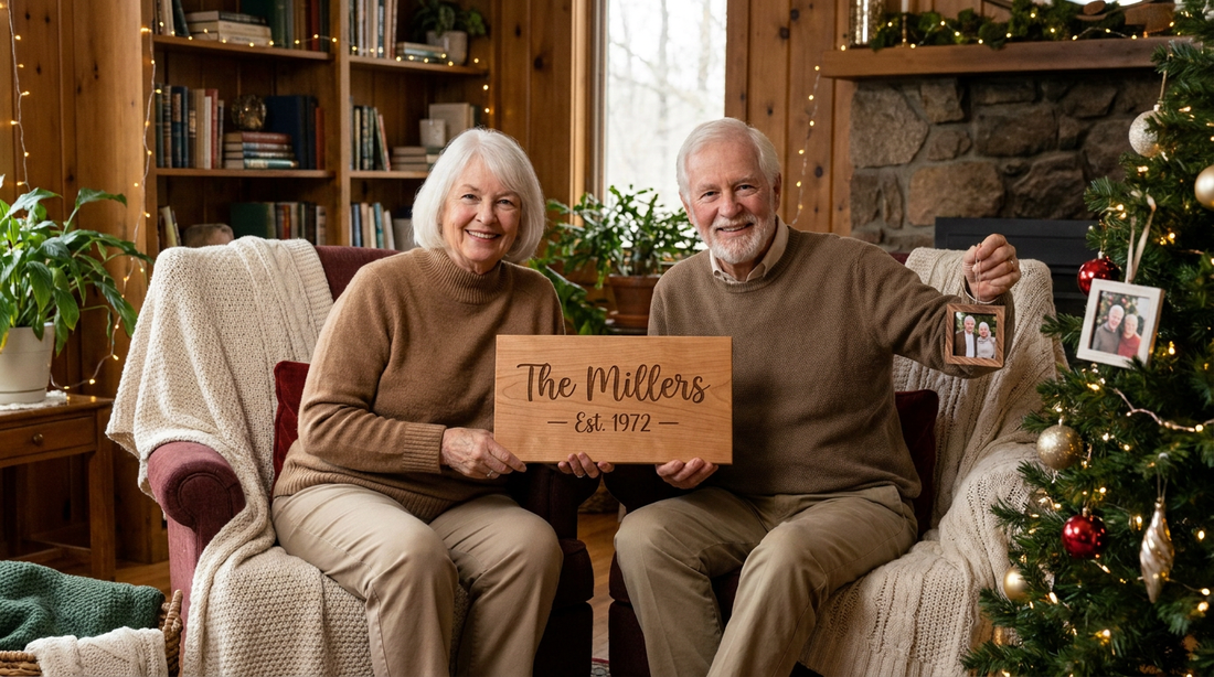 Grandparents smiling with a personalized keepsake and photo ornament at home