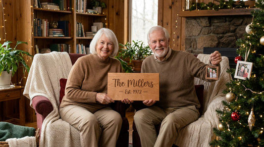 Grandparents smiling with a personalized keepsake and photo ornament at home