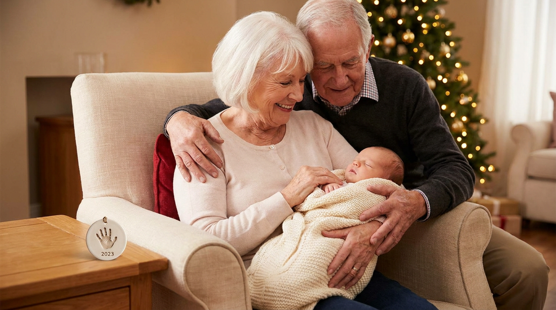 New grandparents holding their first grandbaby with a personalized keepsake ornament nearby