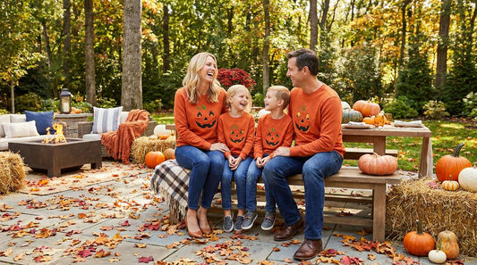 A family in matching fun Halloween shirts with pumpkins