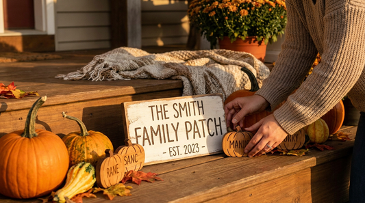 Hands arranging personalized Halloween decor with pumpkins and a custom sign on a porch