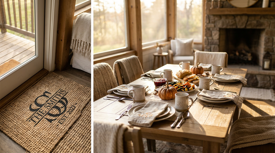 A Thanksgiving table set with personalized decor, a custom doormat and ceramic mugs