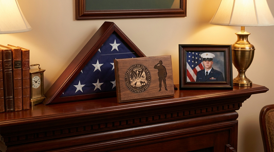 A personalized engraved military keepsake plaque and an American flag on a mantel
