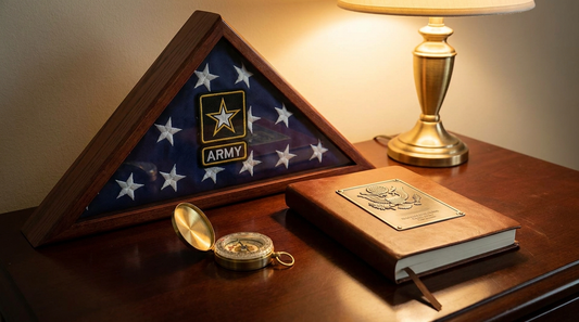 A personalized engraved keepsake and custom flag honoring an army veteran on a desk