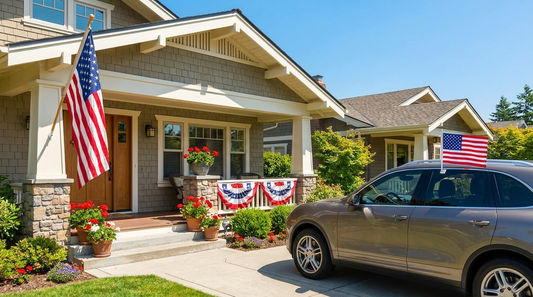 A personalized American house flag and a car flag displayed at a home