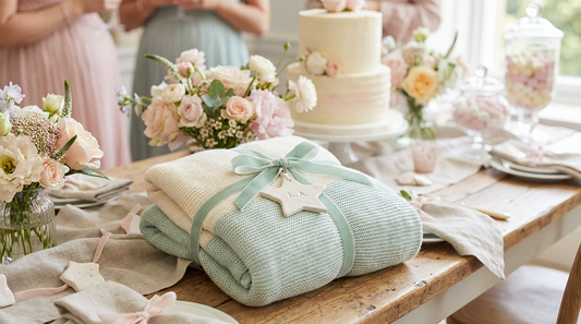 A wrapped personalized baby gift, a soft blanket and keepsake ornament at a baby shower