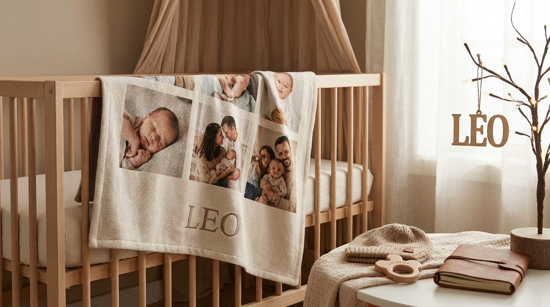 An assortment of personalized baby gifts, a soft photo blanket and a name ornament in a nursery