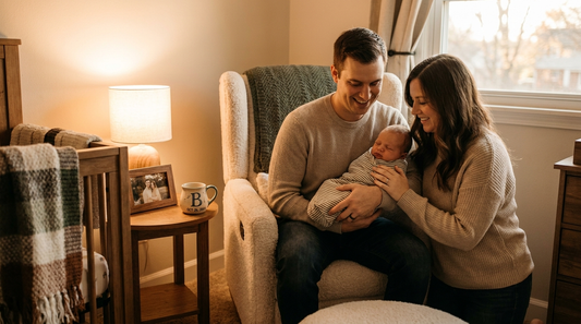 Happy new parents with their newborn and a personalized keepsake mug in a cozy nursery