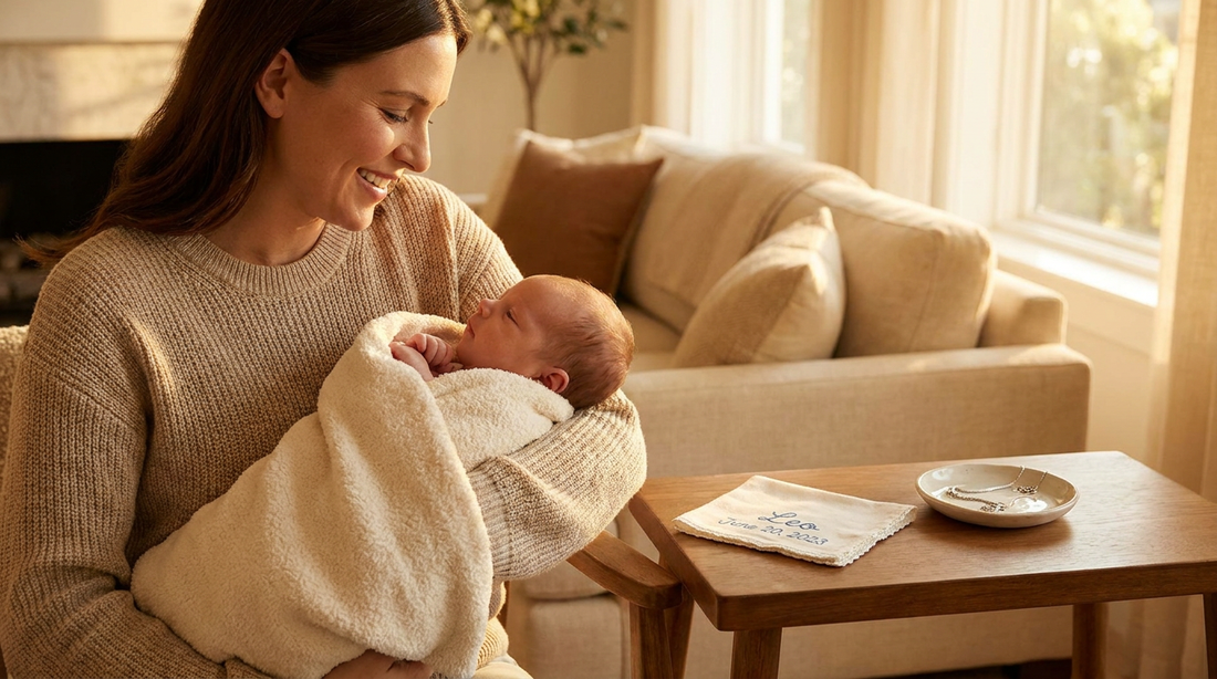 A glowing new mom holding her baby with a personalized keepsake and jewelry dish nearby