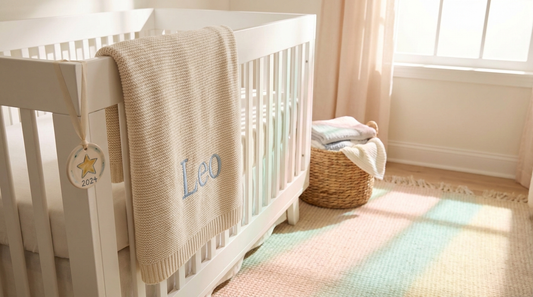 A soft personalized name blanket and keepsake ornament in a sunny nursery crib