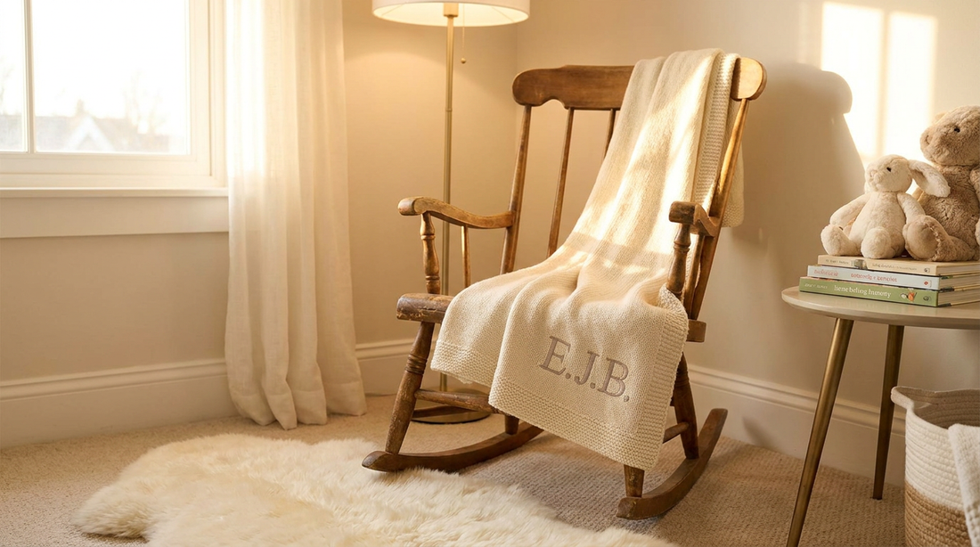 A cozy personalized baby name blanket draped over a nursery rocking chair