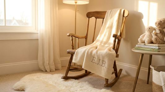A cozy personalized baby name blanket draped over a nursery rocking chair