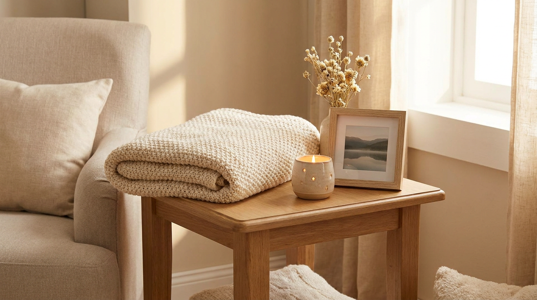 A comforting sympathy keepsake with a soft blanket and a candle on a side table