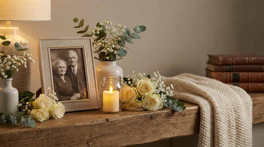 A gentle memorial display with a personalized photo keepsake, flowers and a candle on a mantel