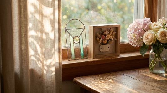 A personalized in-memory keepsake and a suncatcher by a sunny window with soft flowers