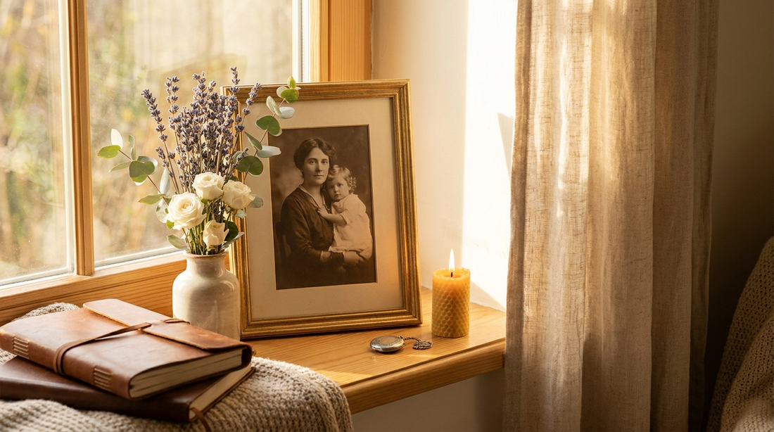 A tender memorial keepsake honoring a mother, a photo and soft flowers on a windowsill
