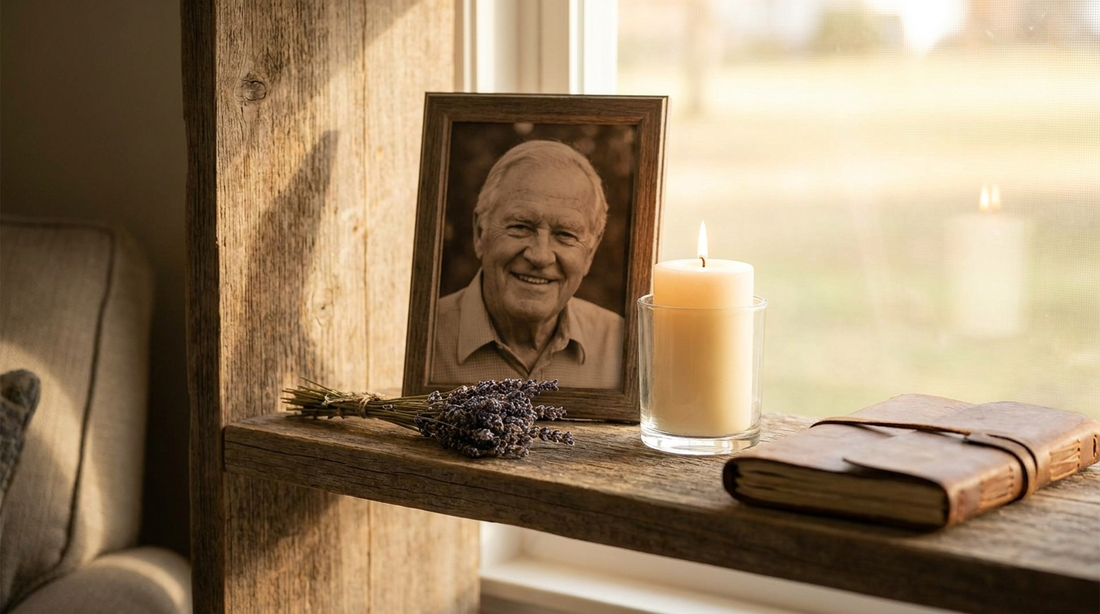 A tender memorial keepsake honoring a father, a photo and a candle on a wooden shelf
