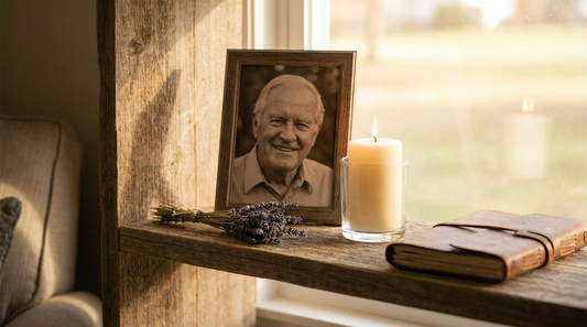 A tender memorial keepsake honoring a father, a photo and a candle on a wooden shelf