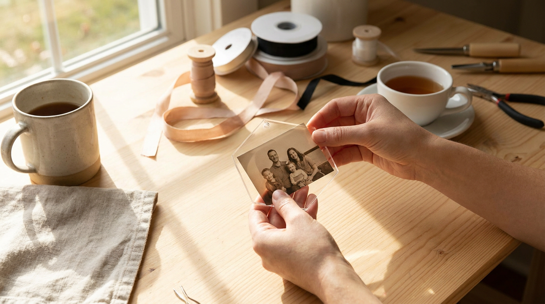 Hands placing a photo into a custom acrylic ornament at a bright craft table