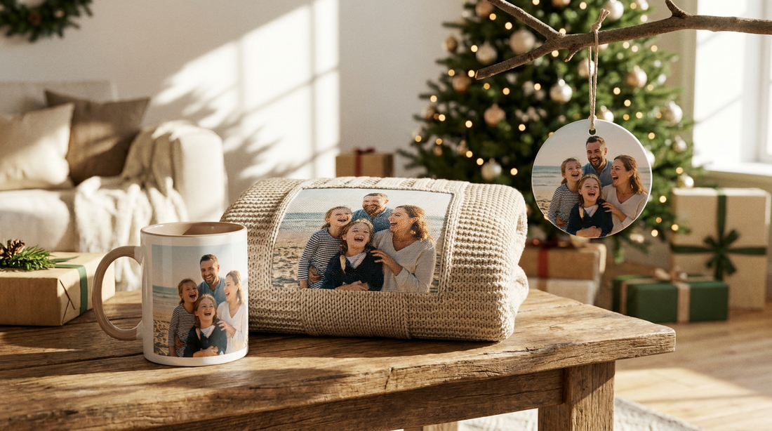 An array of custom photo gifts, a mug, blanket and ornament arranged on a table