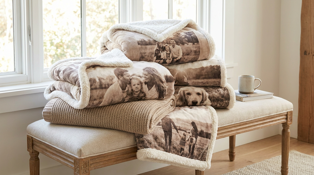 A selection of cozy personalized photo blankets folded on a bright bench