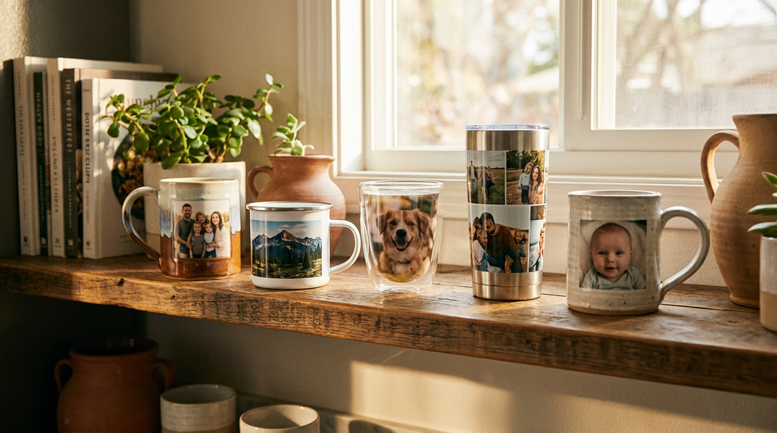 A row of personalized photo mugs in different styles on a kitchen shelf