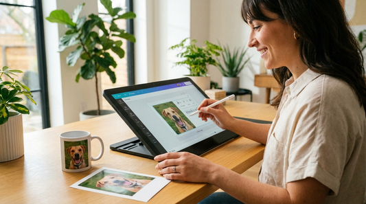 A person designing a personalized gift on a tablet with a photo and a mug nearby