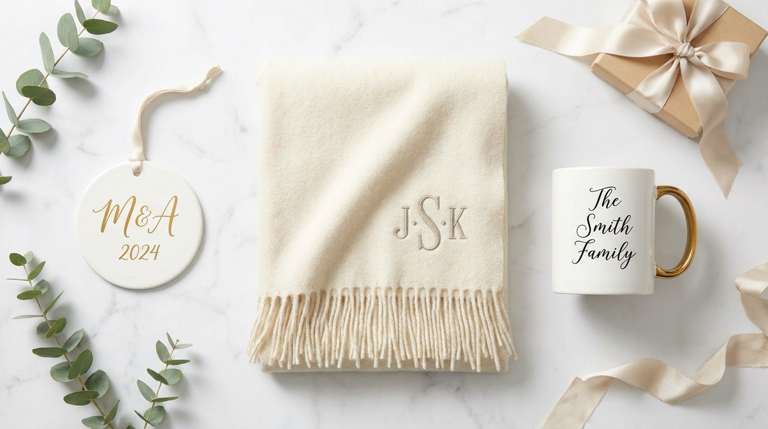 An elegant flat lay of the best personalized gifts, an ornament, blanket and mug