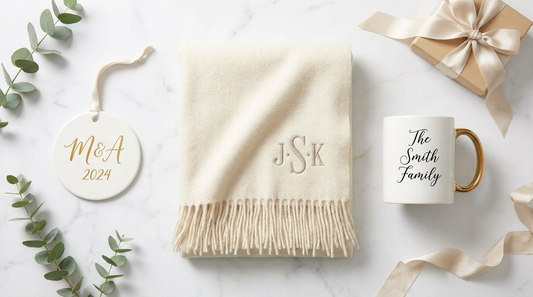 An elegant flat lay of the best personalized gifts, an ornament, blanket and mug