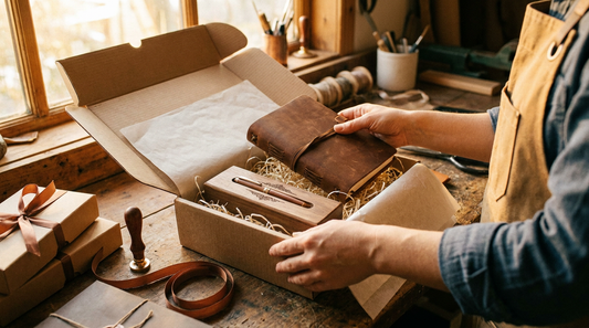 A personalized gift being carefully packed into a shipping box at a workshop
