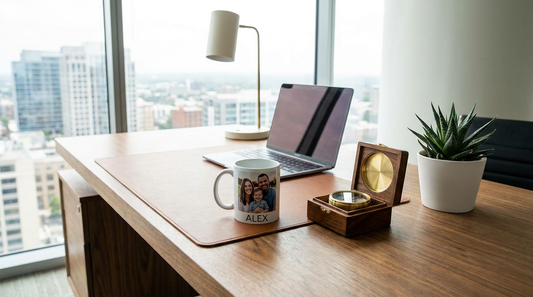 A tidy office desk with a personalized photo mug and a small keepsake