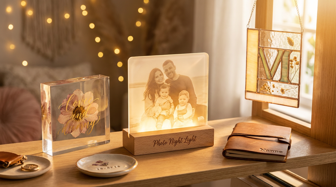 An assortment of unique personalized keepsakes, a glowing photo night light, acrylic block and suncatcher