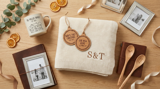 A beautiful overview flat lay of many personalized gifts, ornaments, mugs, blankets and keepsakes