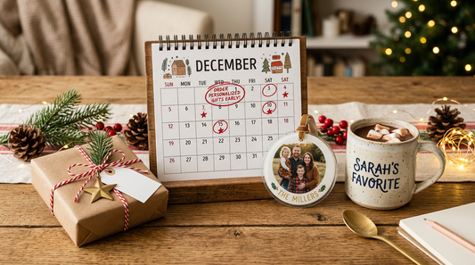 When to order personalized Christmas gifts - holiday planning flat lay