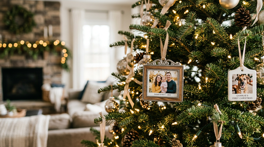 Christmas tree decorating with personalized photo ornaments