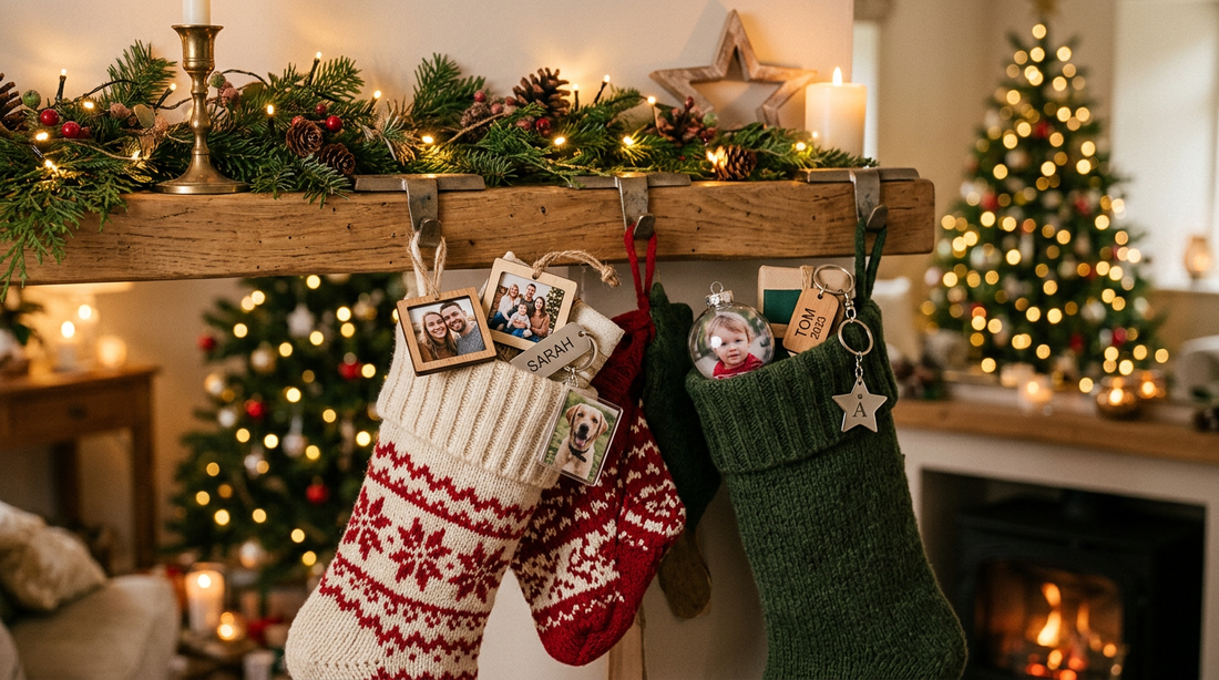Personalized stocking stuffers on a holiday mantel