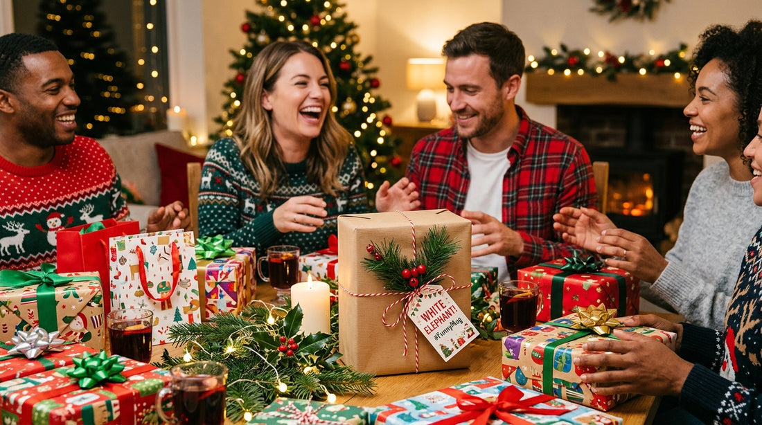 White elephant gift exchange with a funny personalized mug