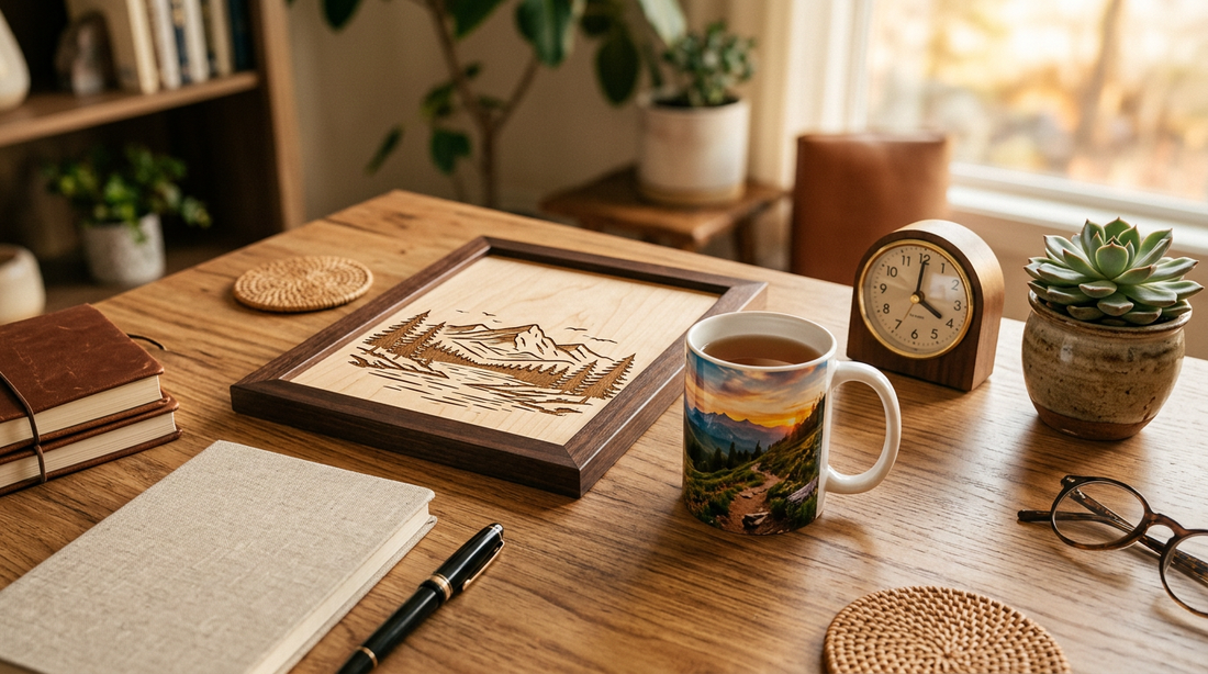 Personalized retirement keepsake plaque and photo mug on a desk