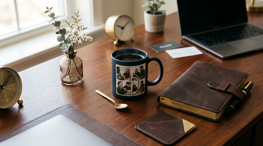 Thank you gift for a boss personalized photo mug on an executive desk