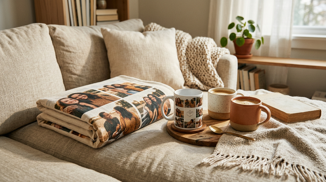 Personalized friendship gift photo mug and photo blanket on a cozy couch