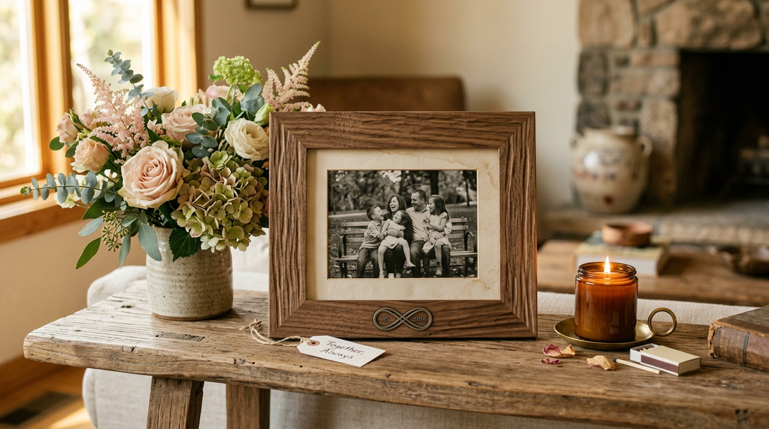 Personalized parents anniversary gift family photo keepsake on a mantel