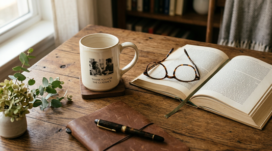 Thank you gift for a mentor personalized photo mug with an open book