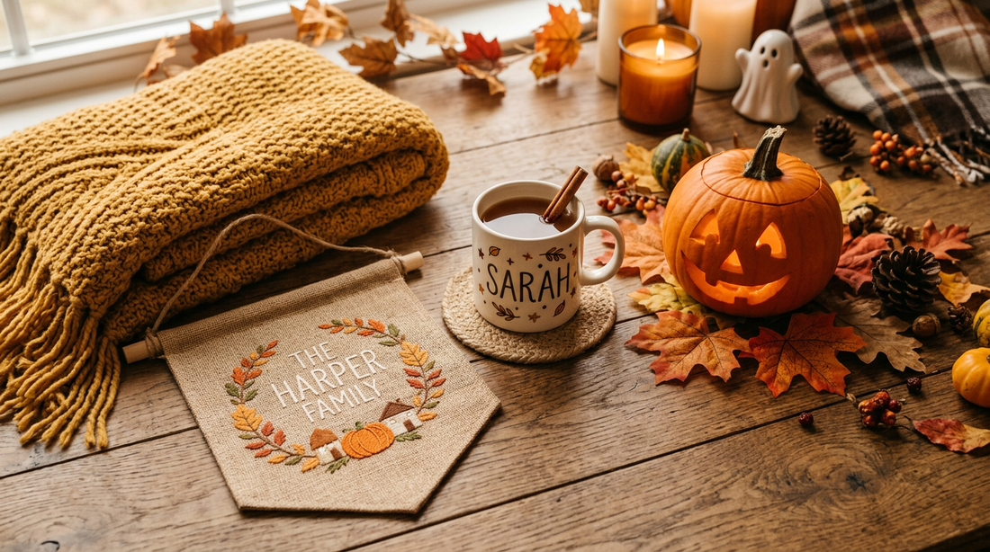 Personalized Halloween gifts 2026 flat-lay with custom mug, pumpkin, blanket and house flag