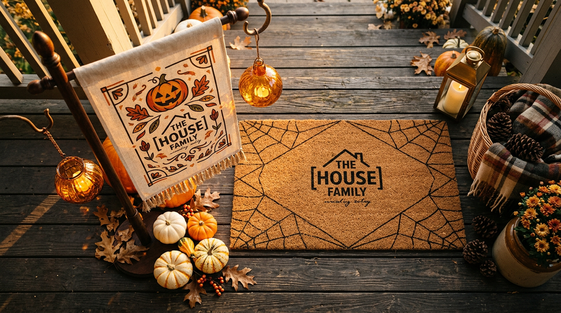 Personalized Halloween home decor with family house flag, suncatcher and doormat on a porch