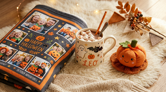 Personalized Halloween gifts for kids with custom cocoa mug, photo blanket and friendly pumpkin
