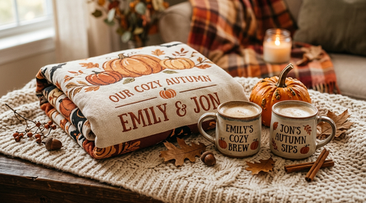Personalized Halloween gifts for couples with photo blanket and two custom mugs