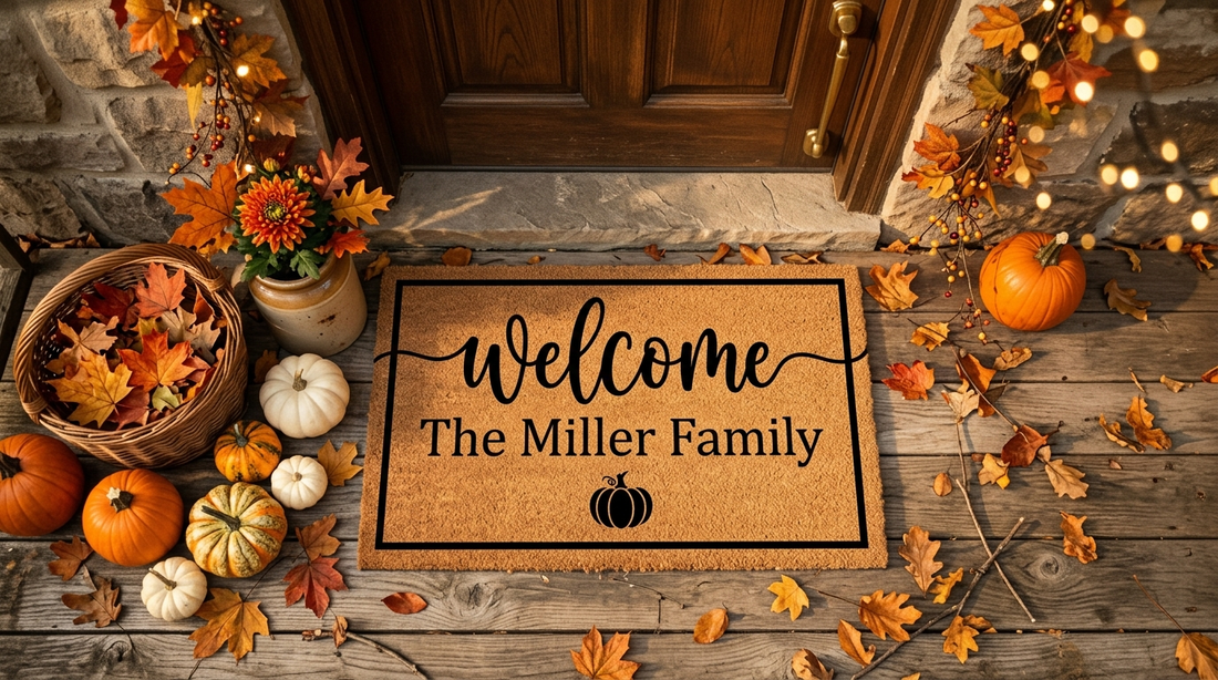 Personalized Halloween welcome doormat on an autumn porch with pumpkins
